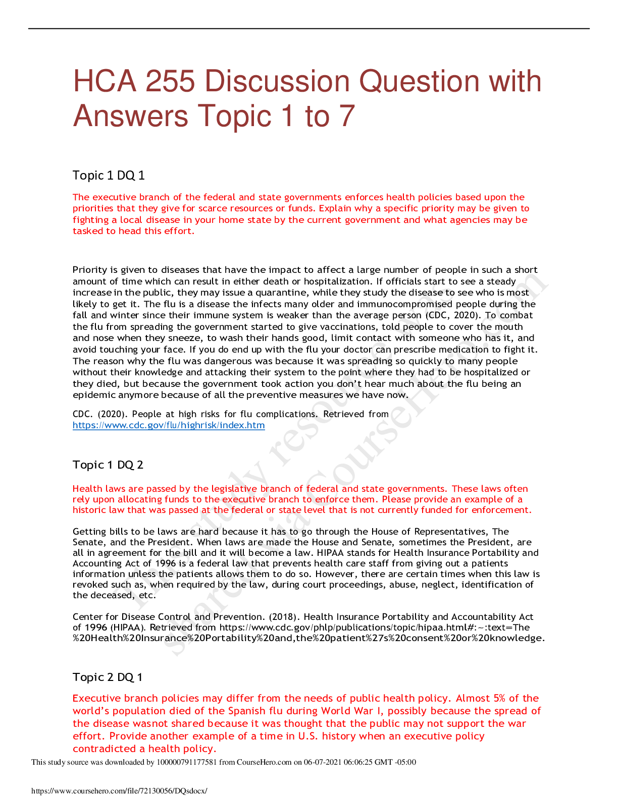 Preview image for HCA 255 DISCUSSION QUESTIONS AND ANSWERS [ TOPIC 1-7]